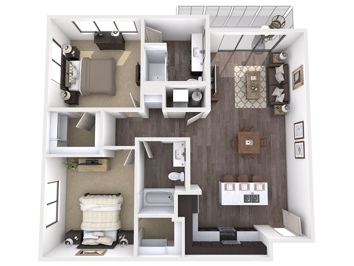 Floor plan for 2 beds, 2 baths, 1169 sqft